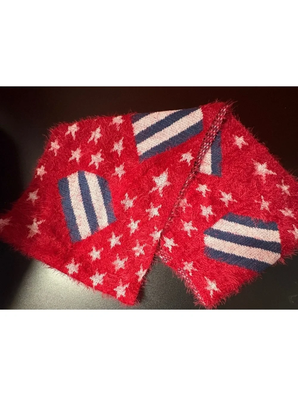 Red Fuzzy Star and Stripe Pattern Scarf
